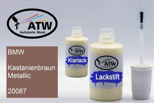 BMW, Kastanienbraun Metallic, 20087: 20ml Lackstift + 20ml Klarlack - Set, von ATW Autoteile West.